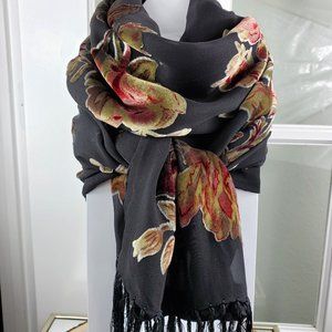 Ralph Lauren Black Rayon & Silk Blend Floral Scarf